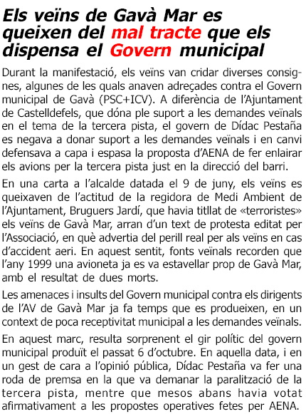 Notícia publicada a la publicació L'ERAMPRUNYÀ (Número 14 - Octubre 2004) sobre la complexa situació que s'estava vivint a Gavà Mar prèvia a la posada en servei de la tercera pista de l'aeroport del Prat